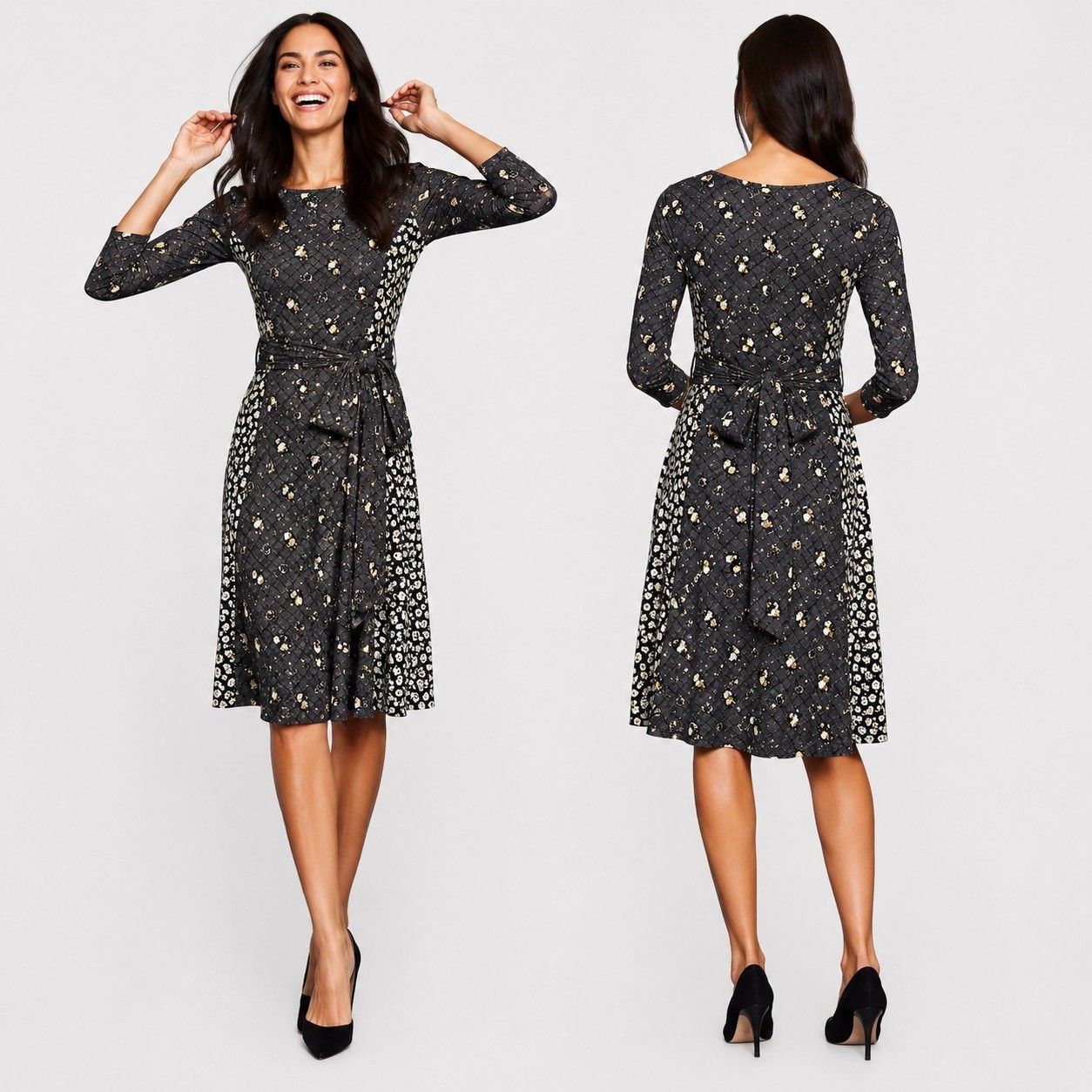 Boden Anna Hotchpotch Size 8r Midi Dress Floral Print Tie Long Sleeve Jersey